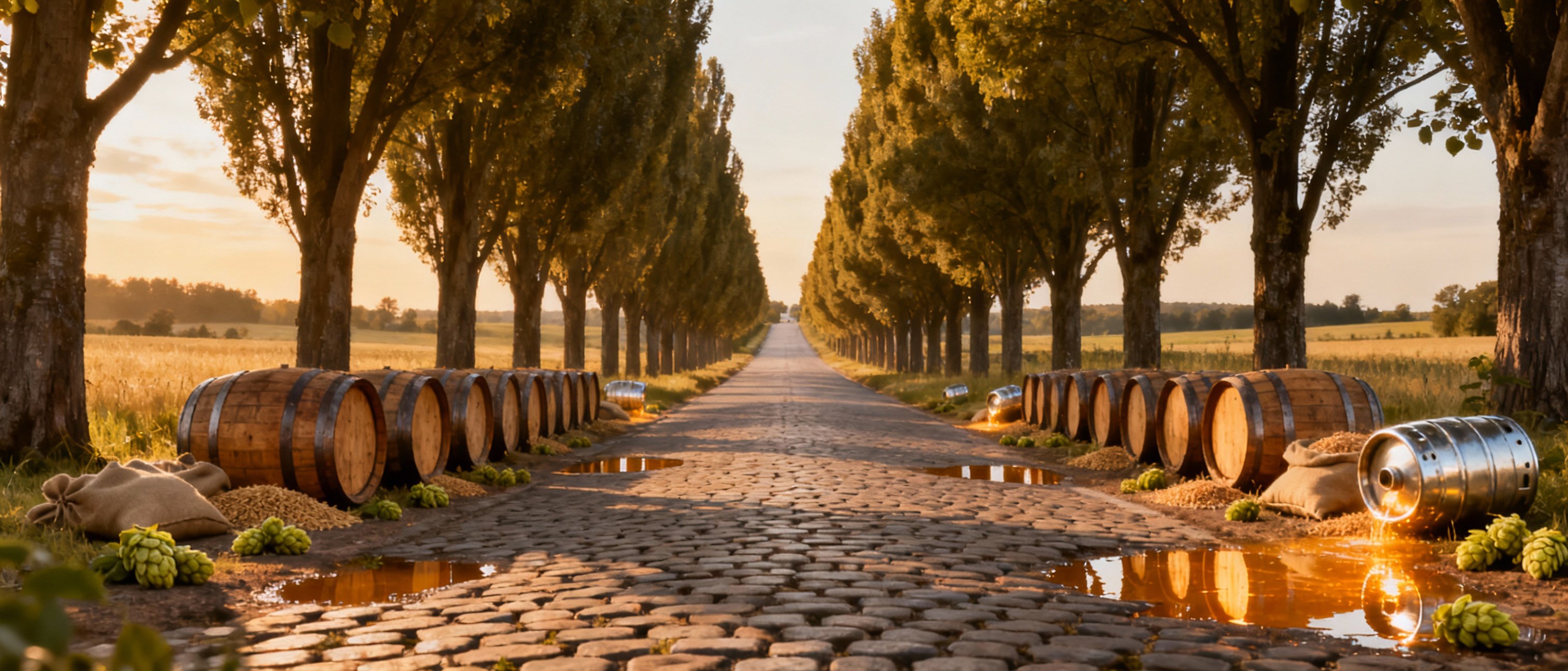 Kopfsteinpflasterallee mit bierigen Elementen